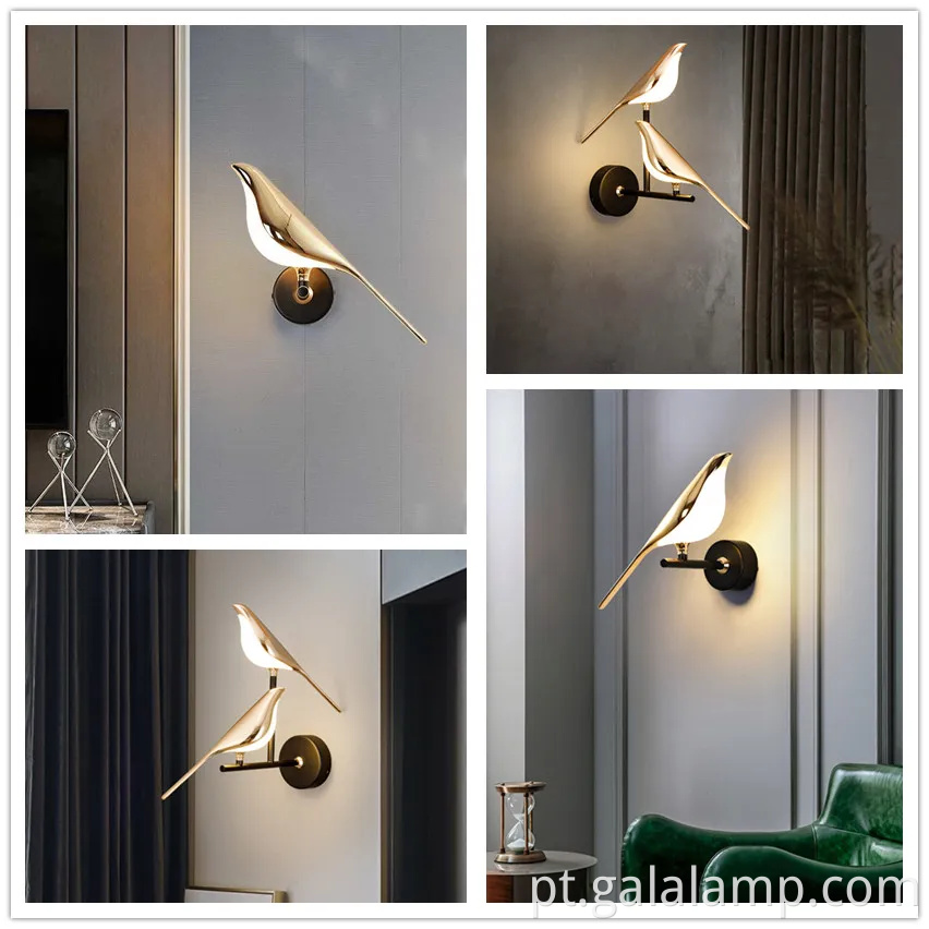 Lâmpada de parede liderada por pássaro de pega nórdica para decoração do quarto